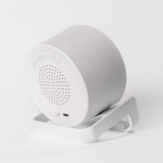 Custom branded Bamboo & Wheat Straw Eco Spotlight Bluetooth Speaker and Qi Phone Stand for corporate gifting
