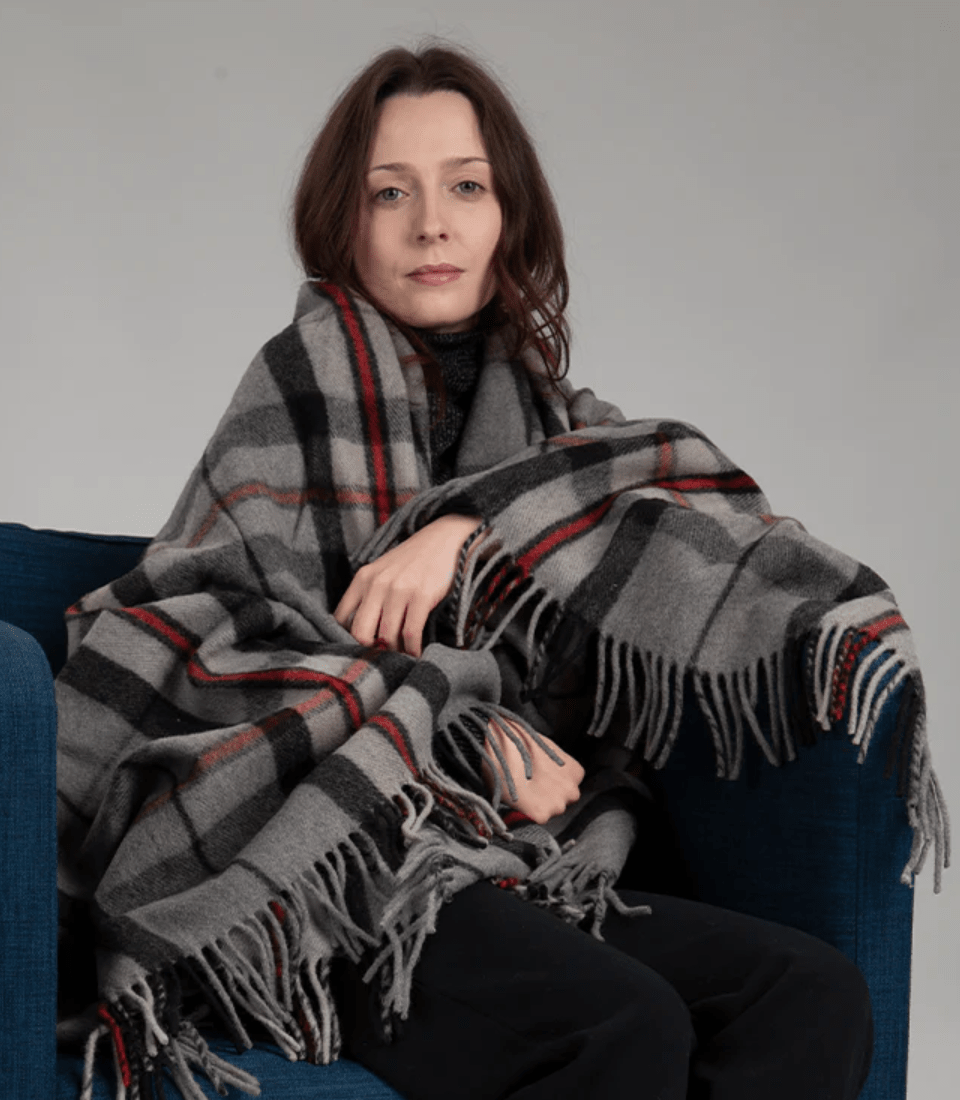 Custom branded Thompson Grey Tartan Deluxe Merino Wool Blanket for corporate gifting