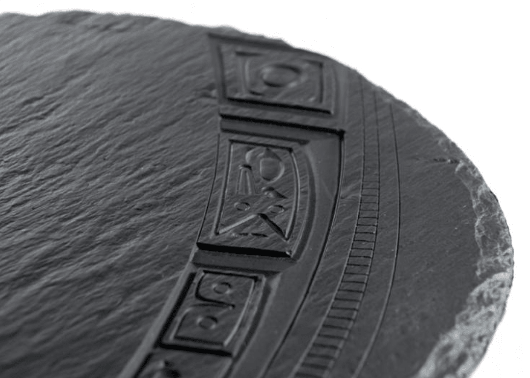 Custom branded Chilkat Round Slate Cheese Board by Corinne Hunt for corporate gifting