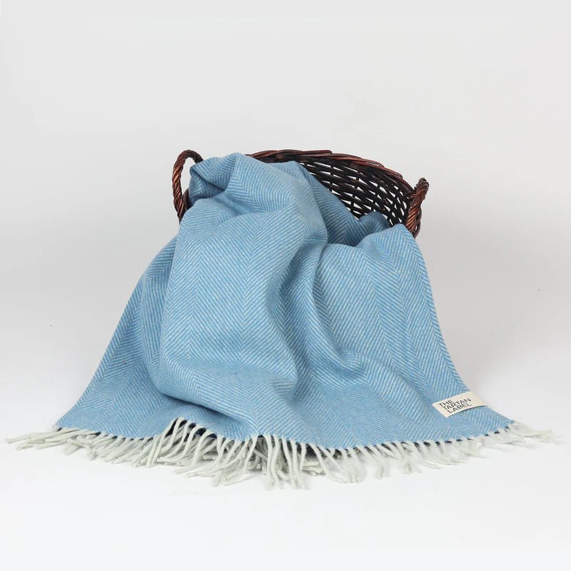 Custom branded Sky Blue Herringbone Tartan Wool Blanket for corporate gifting