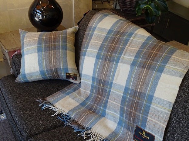 Custom branded Stewart Muted Blue Tartan Deluxe Merino Wool Blanket for corporate gifting