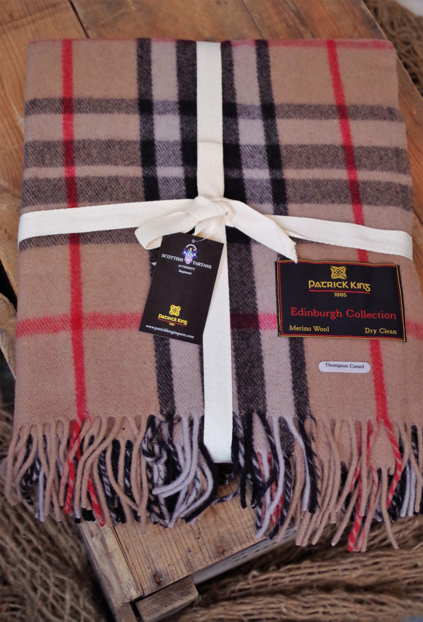 thompson camel tartan deluxe merino wool blanket