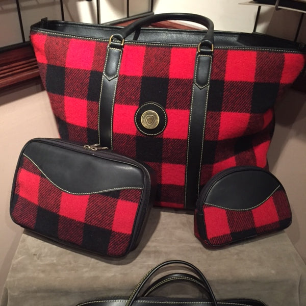 red and black buffalo check wool / leather bags