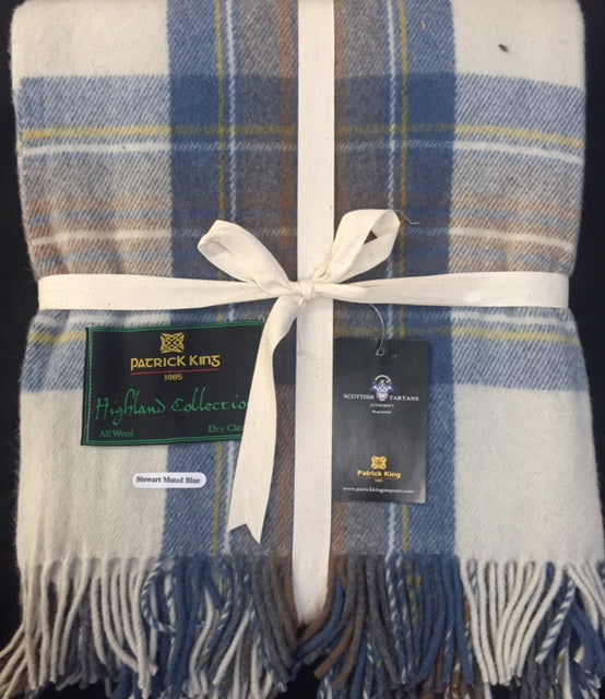 stewart muted blue tartan deluxe merino wool blanket